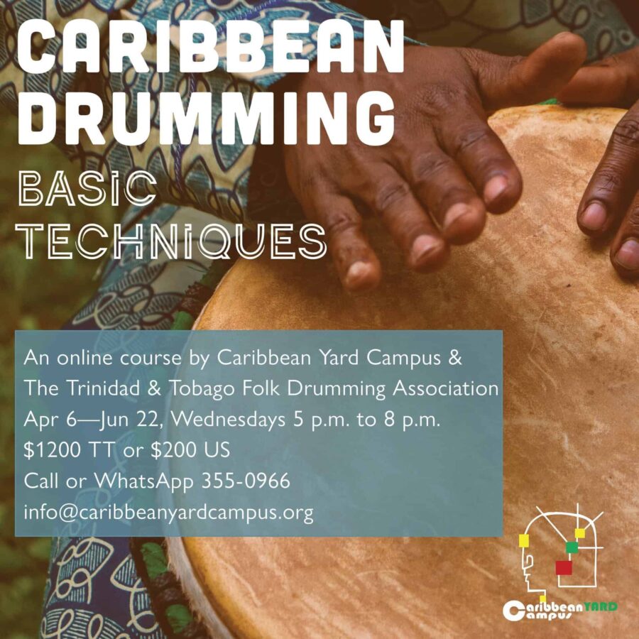 Close-up of hands playing a drum, with text promoting an online Caribbean drumming course and contact information.