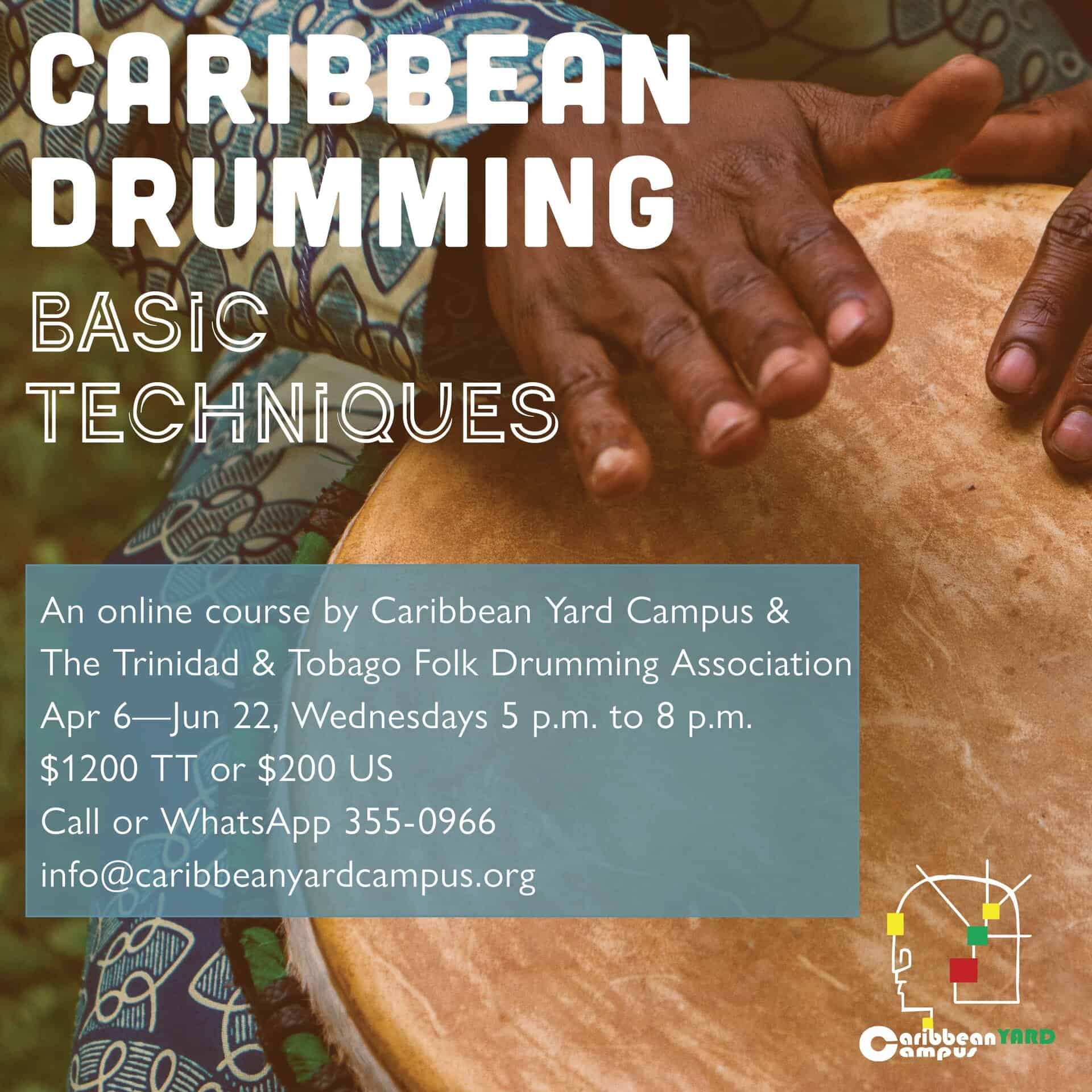 Close-up of hands playing a drum, with text promoting an online Caribbean drumming course and contact information.