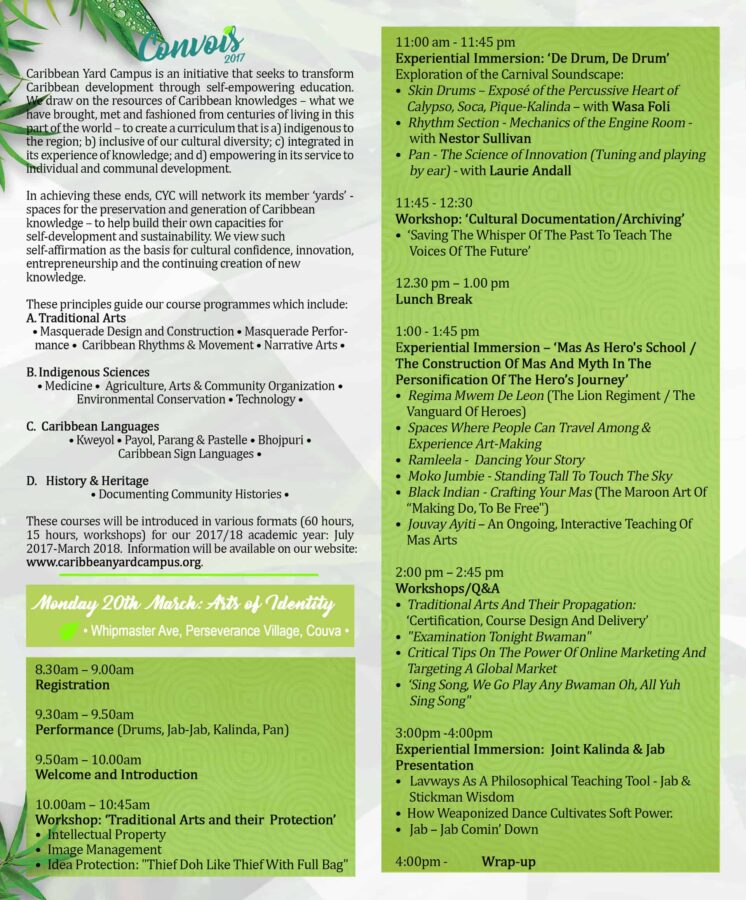 Event flyer for "Caribbean Conversations: Mas: Arts of Identity," featuring a detailed schedule of talks, workshops, lunch break, panel discussions, and closing remarks, held at Caribbean Yard Campus.