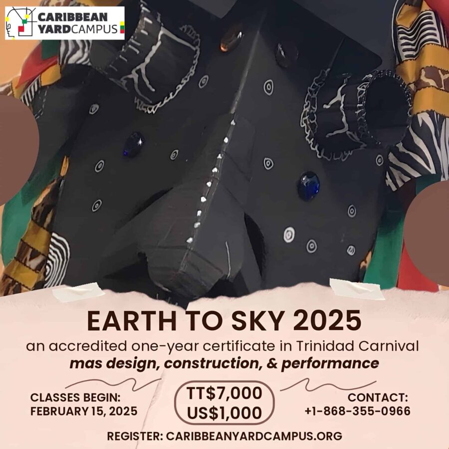 A close-up of a Trinidad Carnival mask with event details for "Earth to Sky 2025," a mas design course by Caribbean Yard Campus.