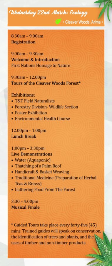 Timetable for an ecology event on 22 March featuring talks, exhibitions, demonstrations on traditional and environmental topics, guided woodland tours, and live music.