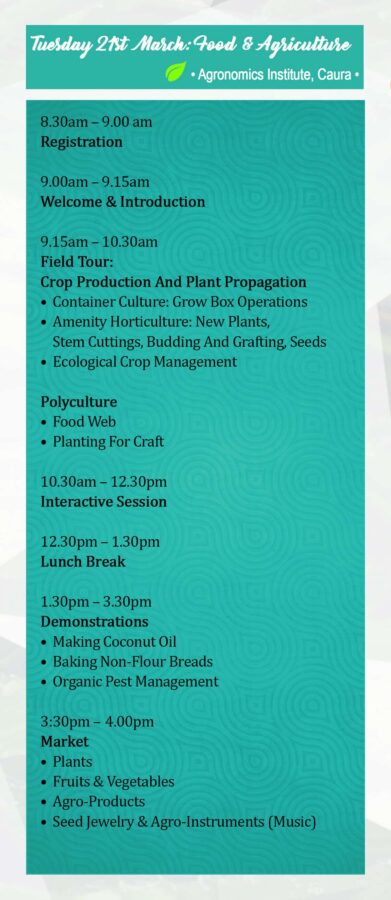 Schedule for a Food and Agriculture event on 21 March at Agronomics Institute, featuring registration, tours, interactive sessions, demonstrations, and a market.