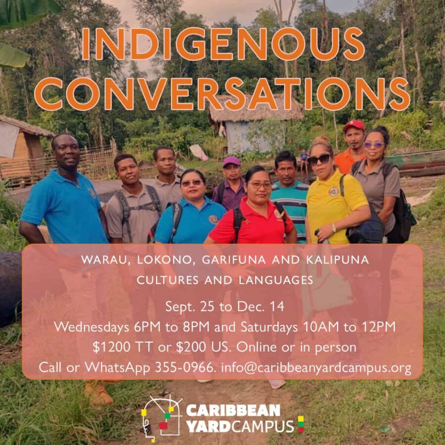 A group of people stands outdoors in a forested area. Text promotes an "Indigenous Conversations" event about Caribbean Indigenous cultures and languages, with dates, times, and contact details.
