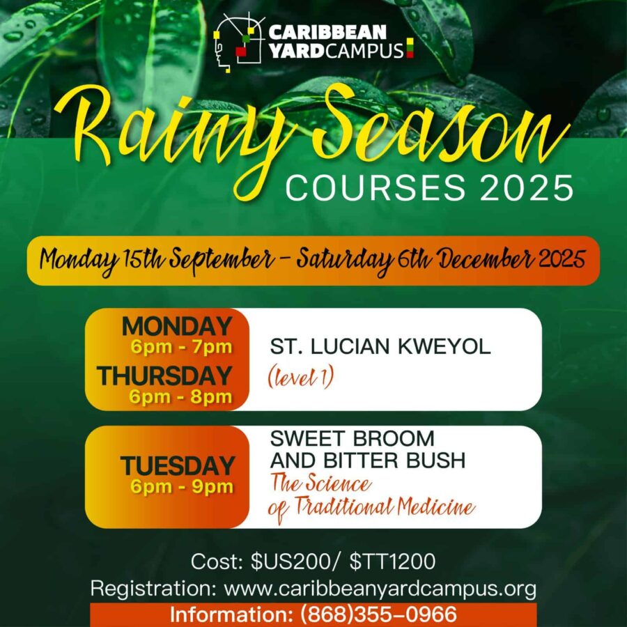 Caribbean Yard Campus Rainy Season Courses 2025 flyer with course dates, subjects, timetable, cost, and registration details.